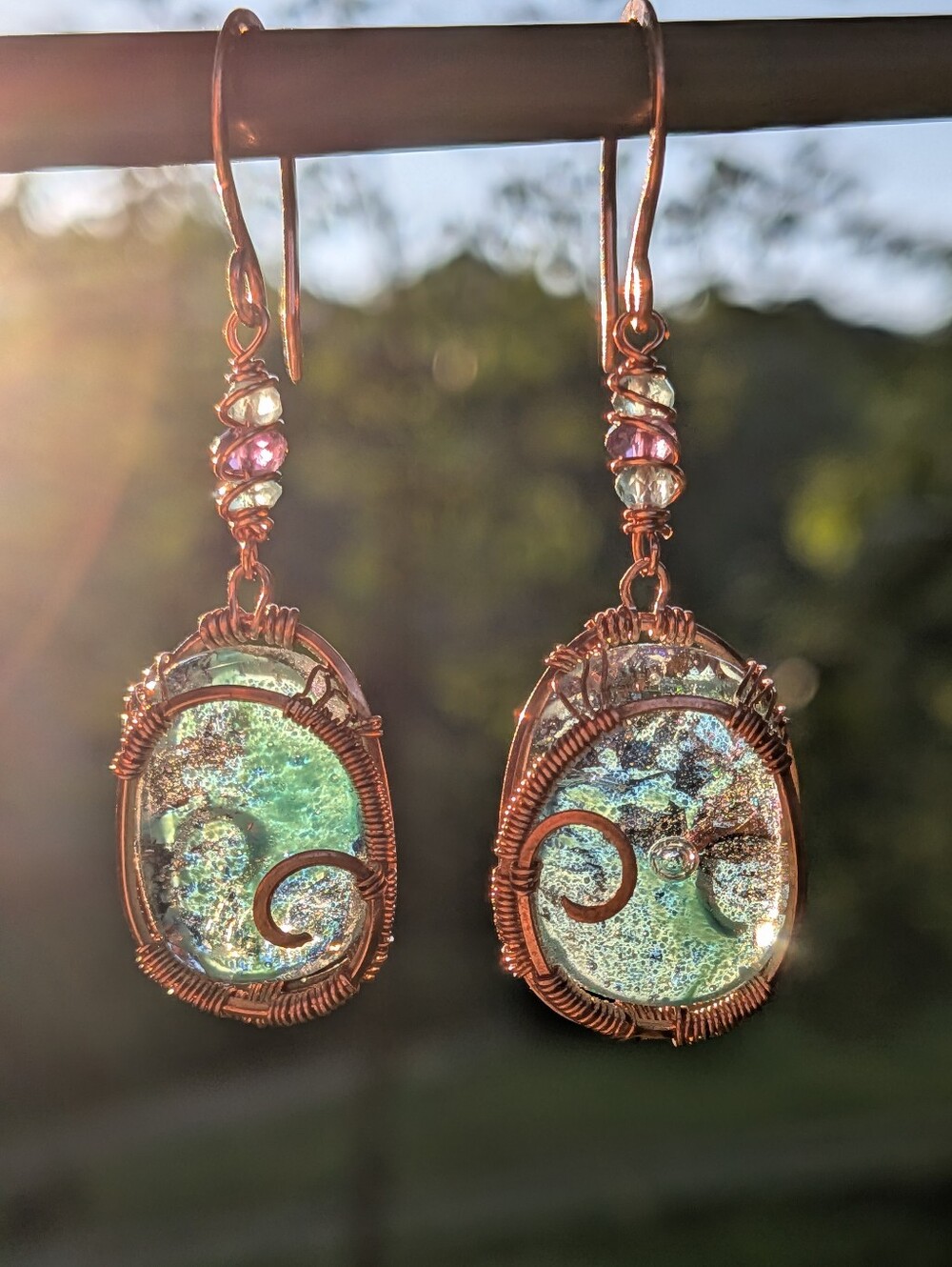 Mermaid Goddess Earrings - Artisan Dichroic Glass with Natural Gems in Copper - Picture 9 of 16